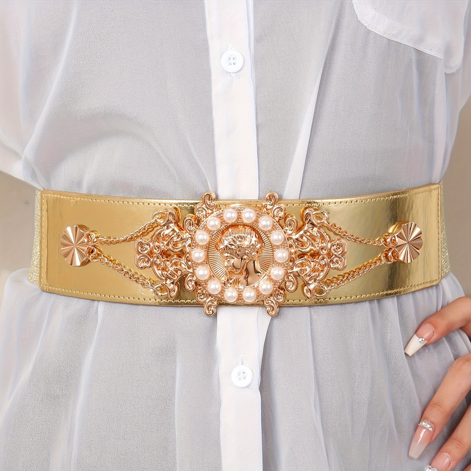 gold wide belt for dress Gold Double Buckle Wide Waist Belt: Elegant Leather Corset