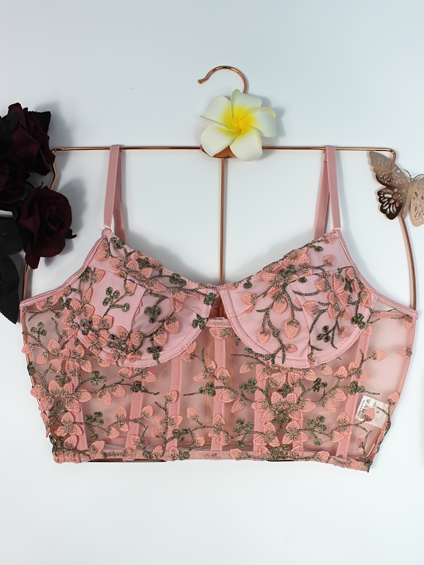 Floral Embroidery Mesh Cami Top, Deep V Side Lace Up Corset Bra, Women's  Lingerie & Underwear