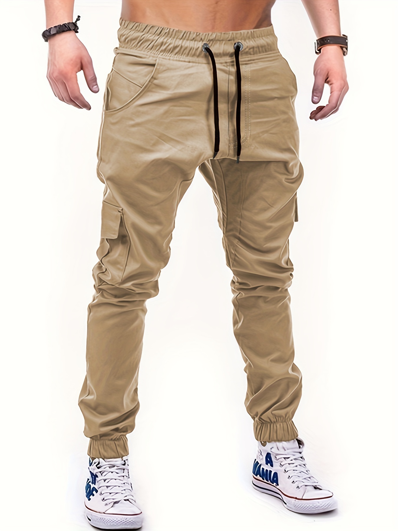  EDBHS Pantalones para hombre - Pantalones cargo con bolsillo  con solapa y cordón en la cintura para hombre (color caqui, tamaño:  mediano) : Ropa, Zapatos y Joyería