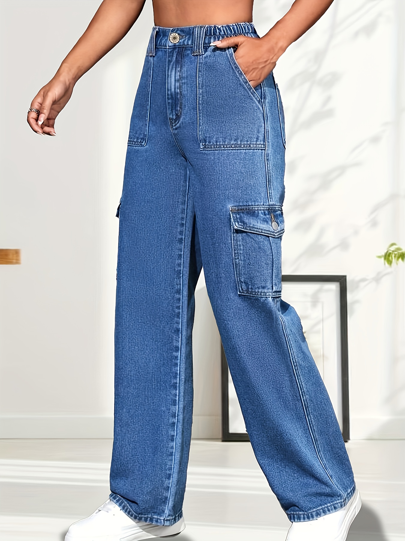 Womens High Waisted Cargo Jeans Straight Wide Leg Denim Pants Stretch  Casual Lounge Trousers with Pockets Streetwear 