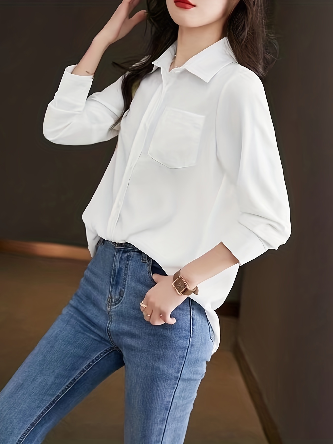 Versatile Solid Pocket Shirt Button Down Long Sleeve Shirt Casual Every Day Tops  Womens Clothing - Women's Clothing - Temu