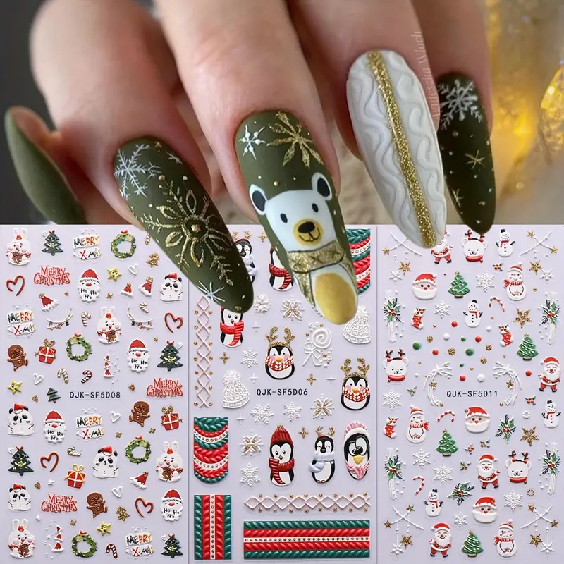 5d Embossed Glitter Christmas Nail Art Stickers,santa Claus Snowflake Elk  Christmas Tree Design Nail Art Decals Diy Nail Salons,self Adhesive Cartoon  Nail Art Supplies Women And Girls - Temu