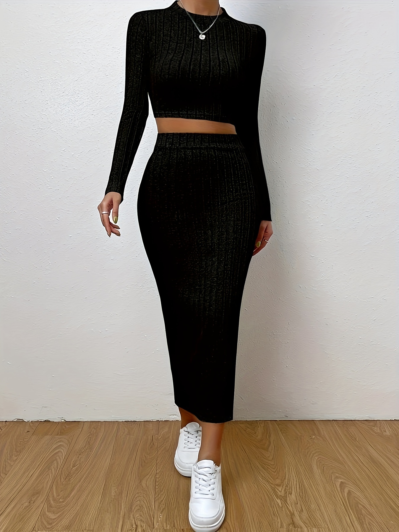 Solid Ribbed Two piece Skirt Set Crew Neck Long Sleeve Top - Temu
