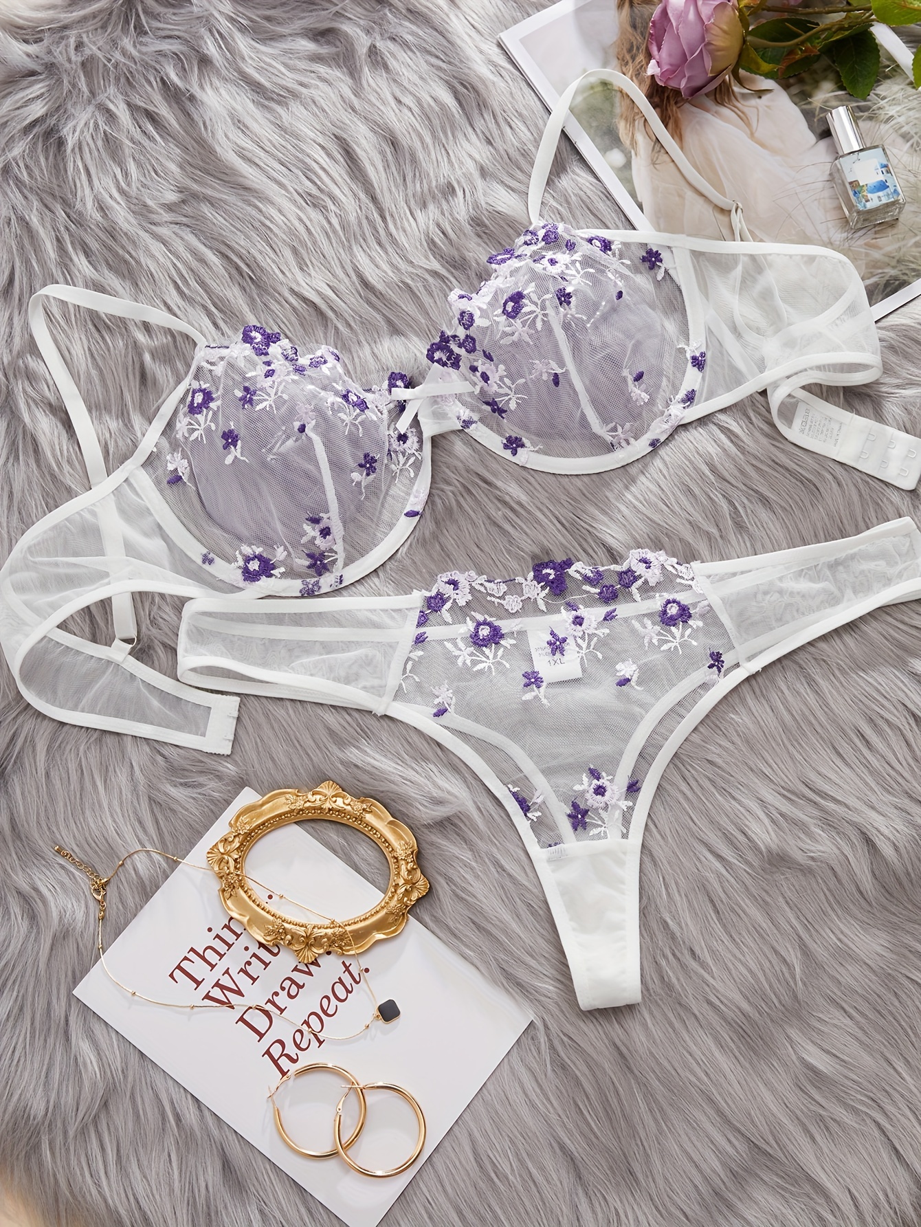 Purple Embroidered Underwired 3 Piece Lingerie Set