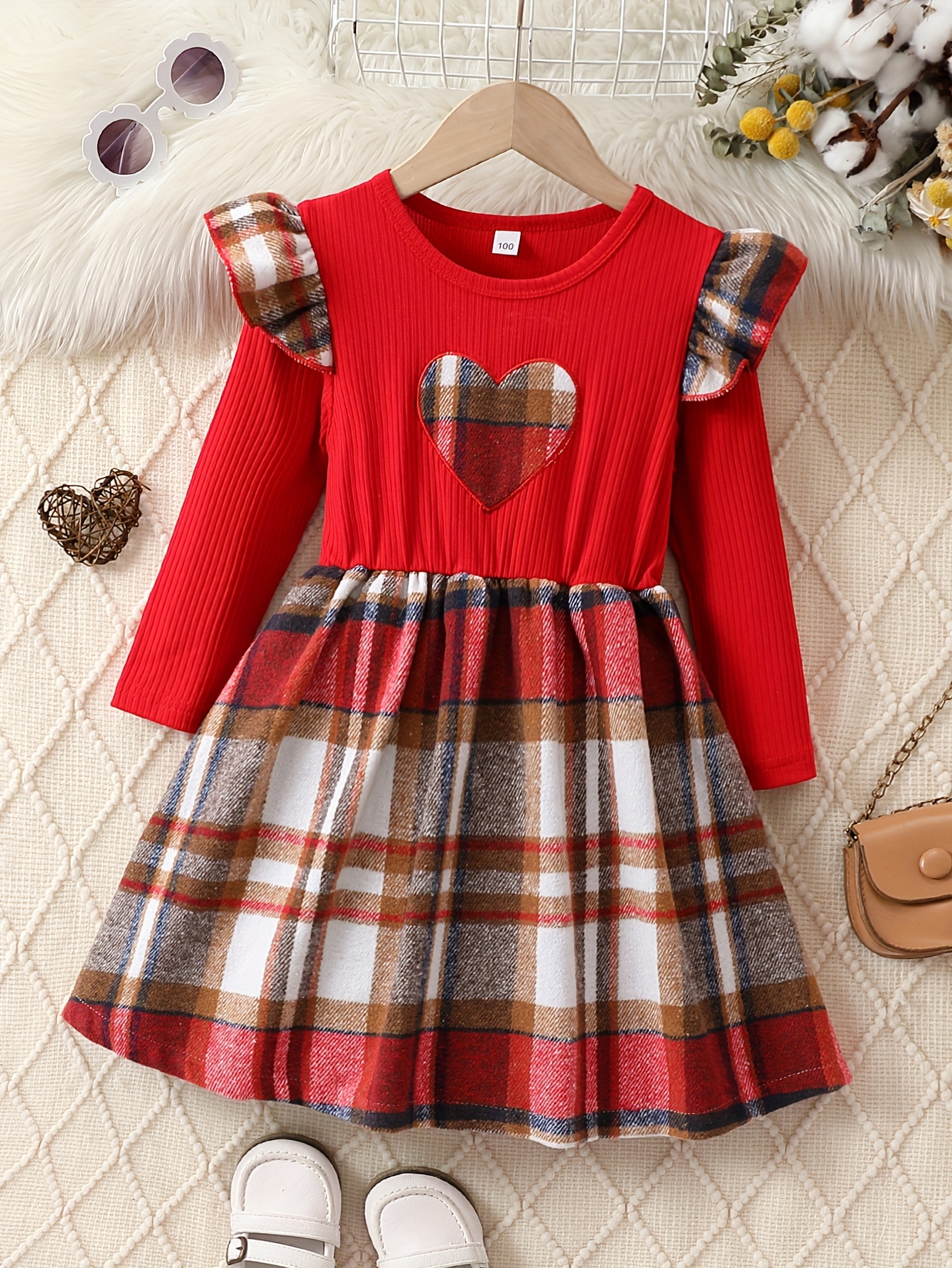 girls plaid heart embroidered long sleeve dress for spring and autumn red 0