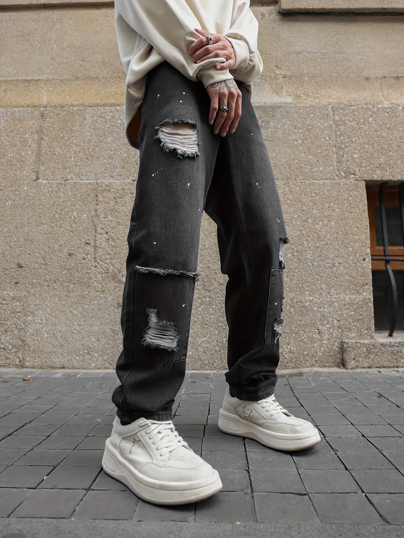 Visne Ledig TVsæt Men's Trendy Ripped Jeans Distressed Punk Men's Denim Pants Streetwear  Hiphop Jeans - Temu