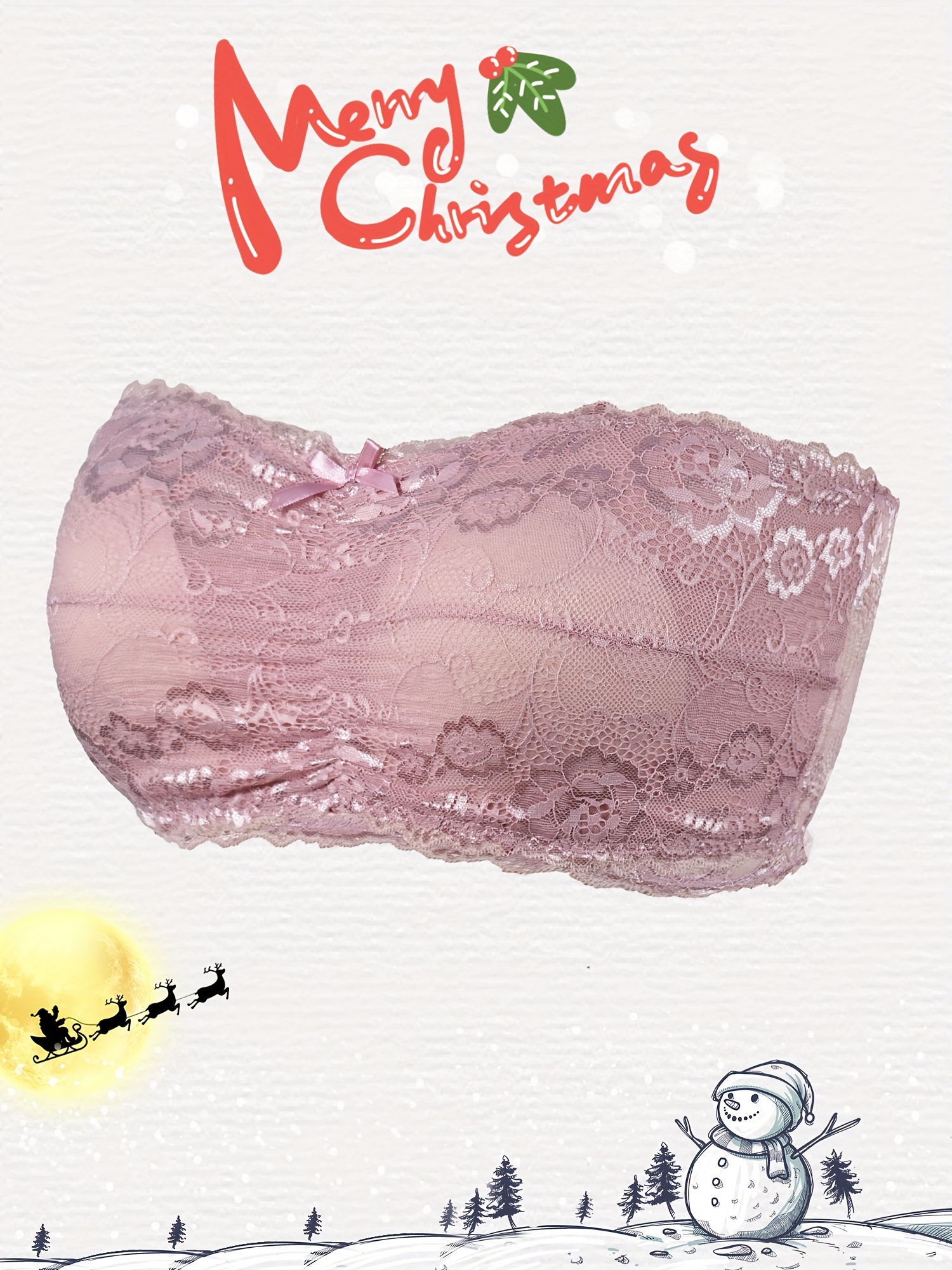 Plus Size Sexy Bra, Women's Plus Solid Geometric Lace Bow Front Wireless  Bandeau Bra