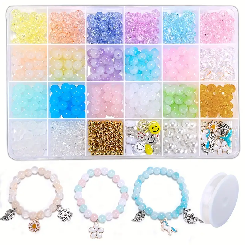 Kit para hacer pulseras con cuentas de colores transparentes de 8 mm, kit  para hacer joyas con collar y pulsera encantador para niñas, cuentas de grad