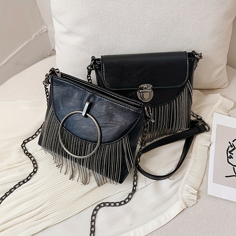 Women's Retro Western Style Metal Chain Fringed Studded Mini Flap Shoulder  Bag In BLACK