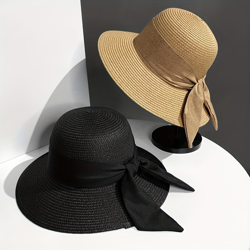 1pc Women's Solid Color Sunshade Straw Hat, Sun Protection Beach Hat for Summer Outing, Breathable Bowknot Visor Hat,Temu