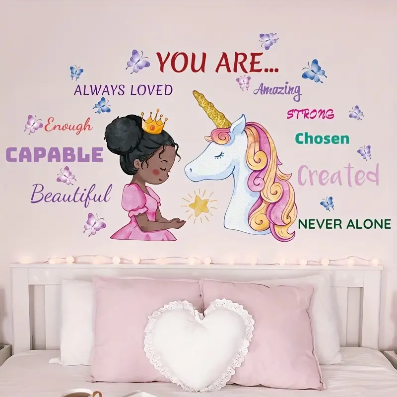 Black Girl And Unicorn Wall Decal Princess Butterfly Stars - Temu