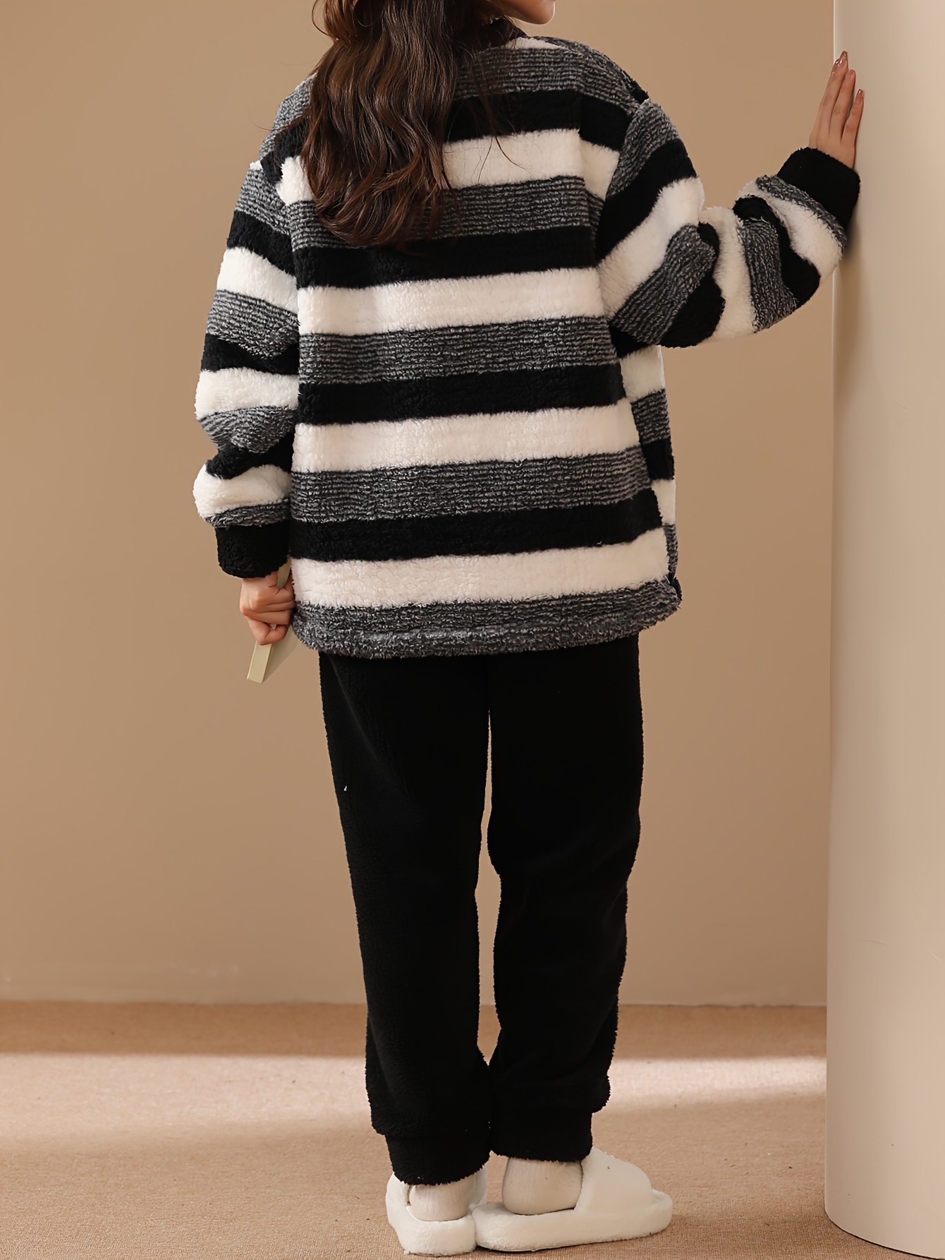 Casual Stripe Print Fleece Pajama Set Thickened Long Sleeve Temu