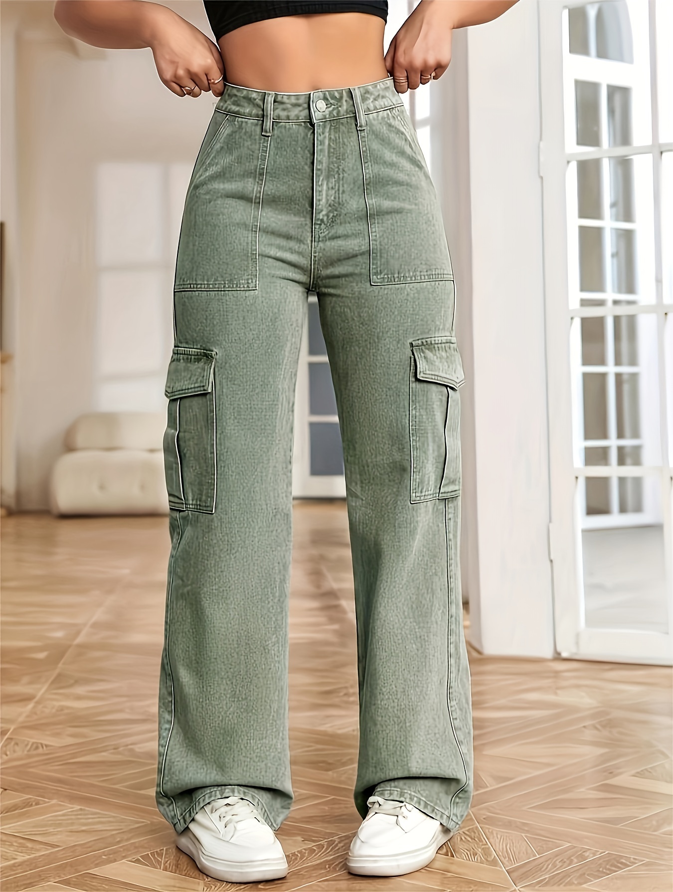 Green Flap Pockets Baggy Jeans High Waist Non stretch Y2k - Temu
