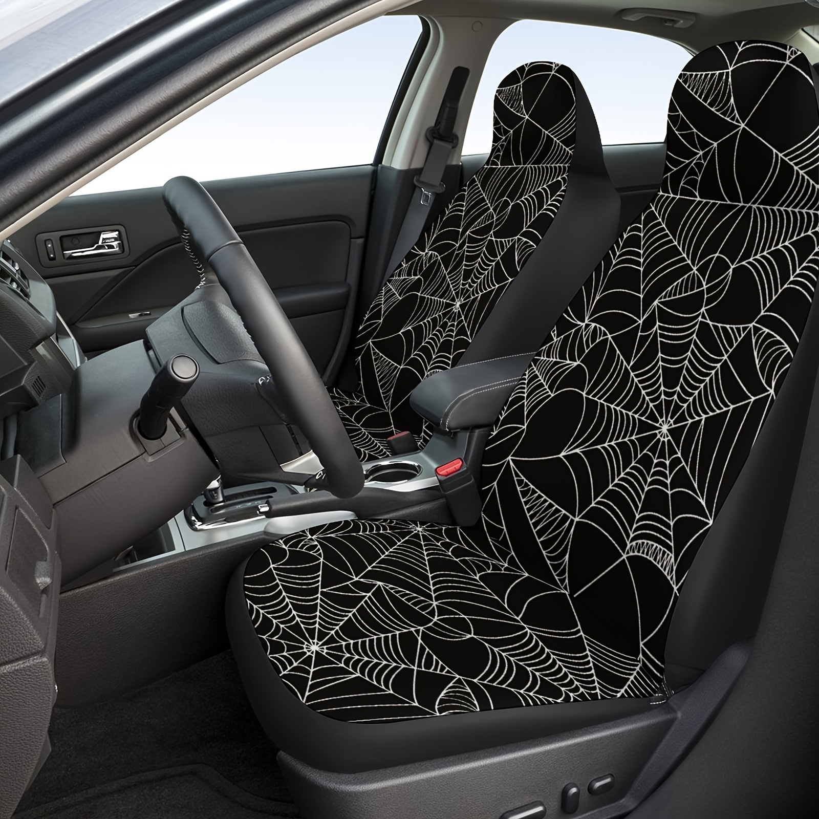 

1pc Spider Web Black And White Print Car Universal Driving Seat Cover Halloween Christmas Gift