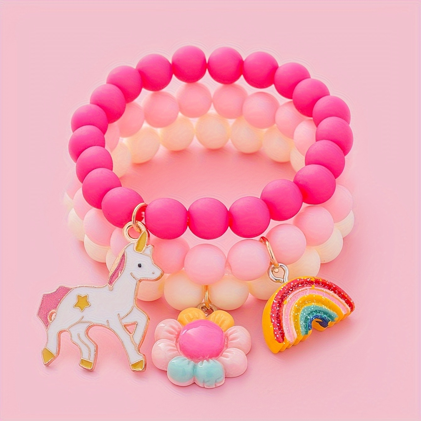 6pcs Girl's Cute Unicorn Flower Heart Pendant Multicolor Beaded Bangle Bracelet Set, Color Random,Temu