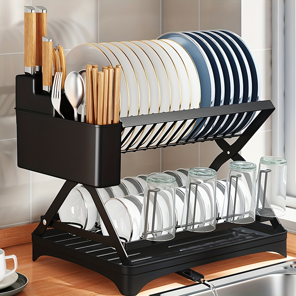 2 Tier Dish Drying Rack with Glass Holder & Utensil Holder
