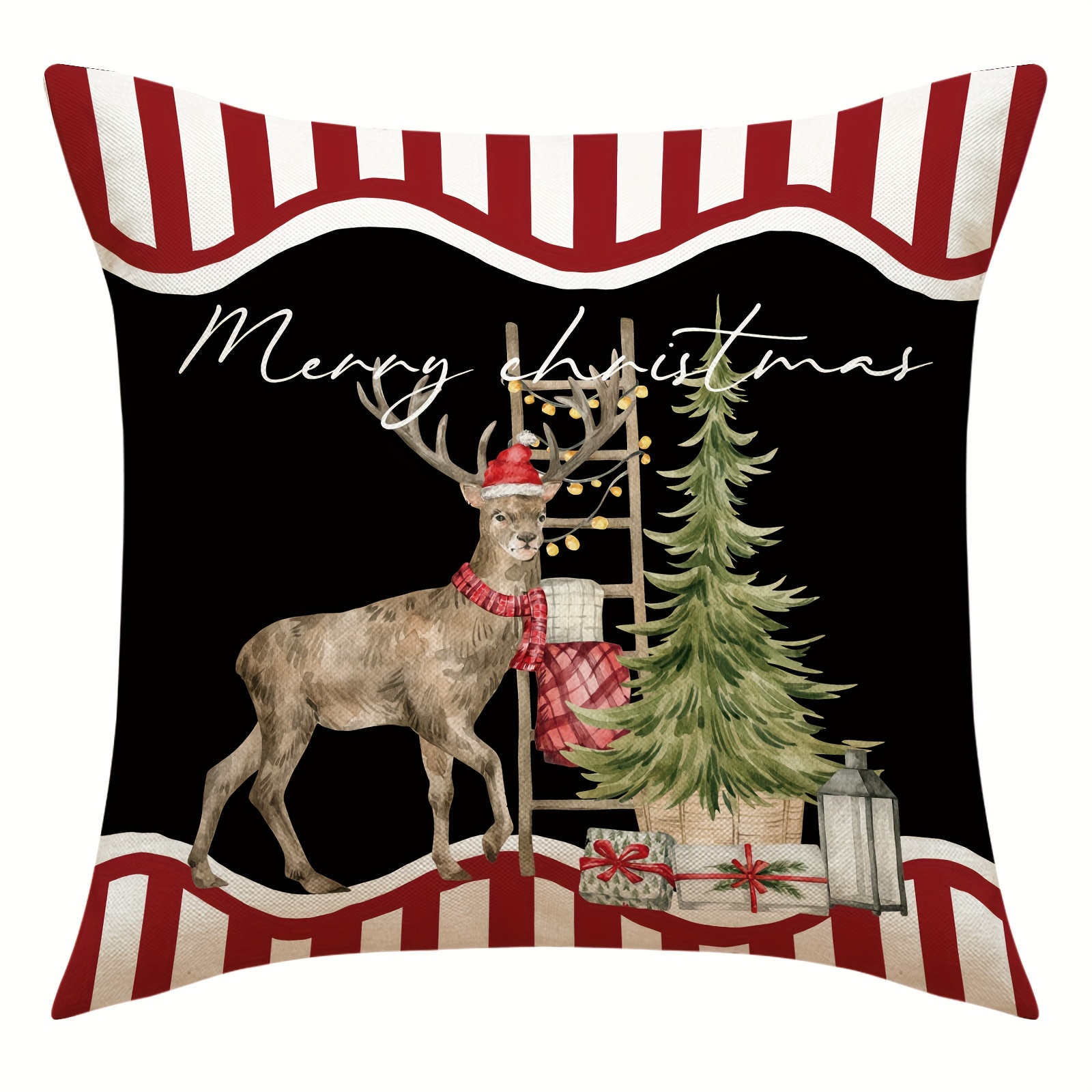 Elk Christmas Throw Pillow Cover Linen Letter Print Holiday