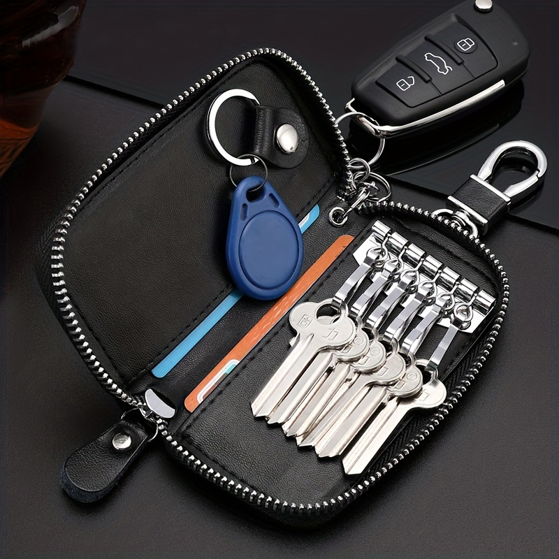 Leather Multifunction Car Key Pouch Zipper Keys Storage Bag Hanging Waist  Key Case Holder for Men (Black) 