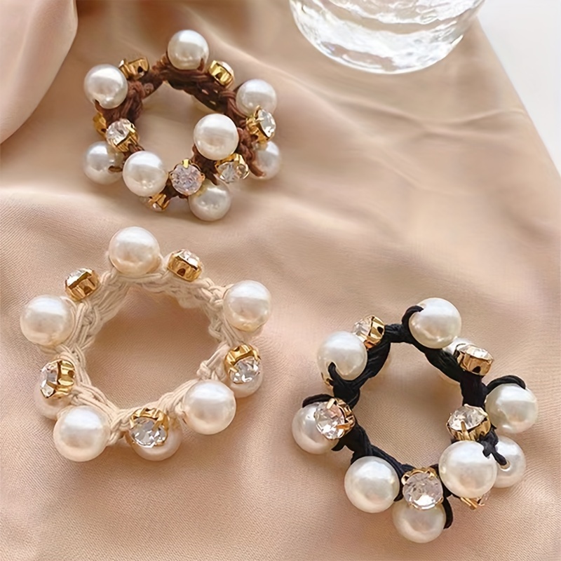 Girl's Imitation Pearl Hair Ties Imitation Gemstone Bow - Temu