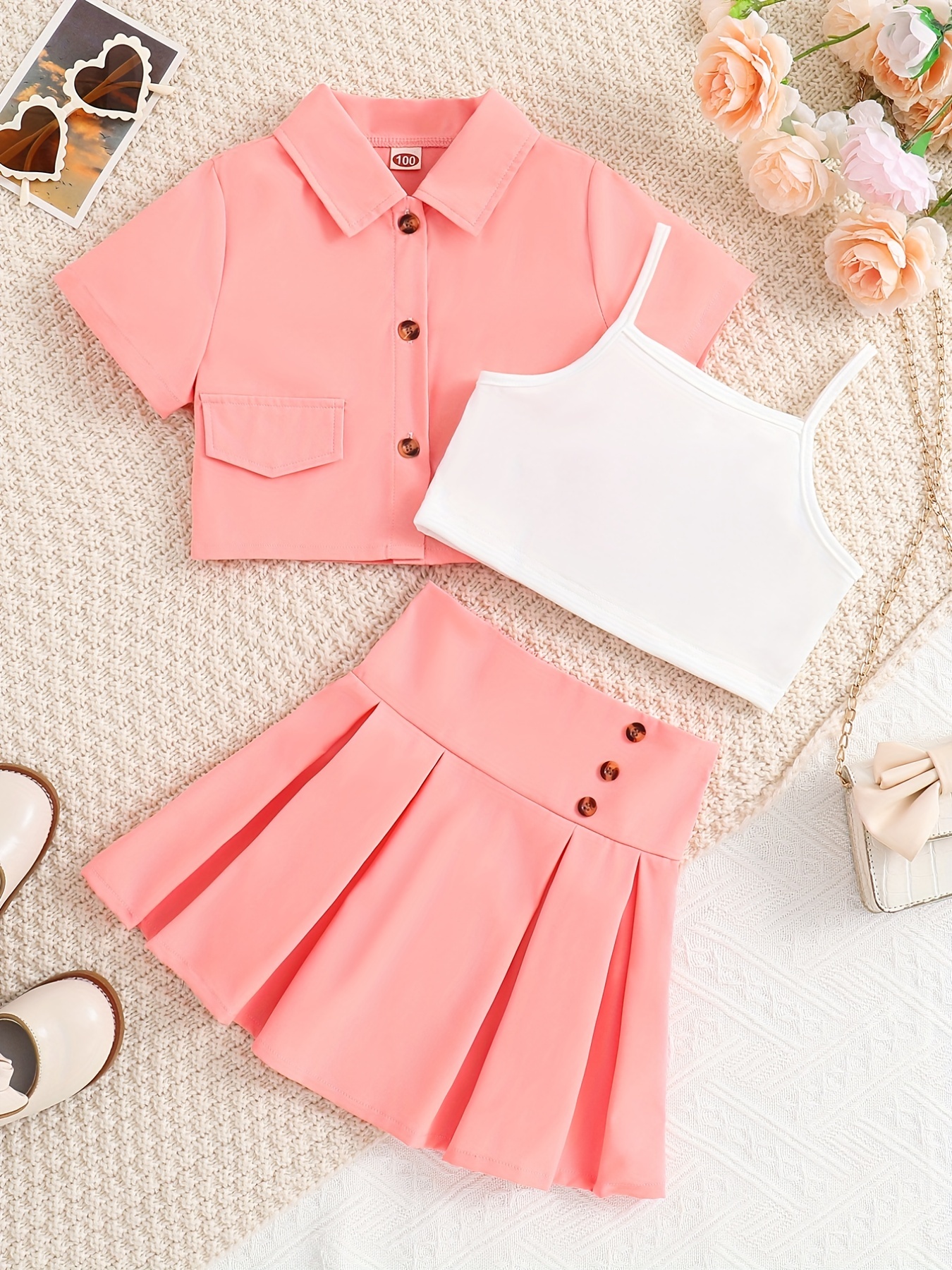 2pcs Baby Girl Pink Tweed Button Front Short-sleeve Top and Layered Skirt Set