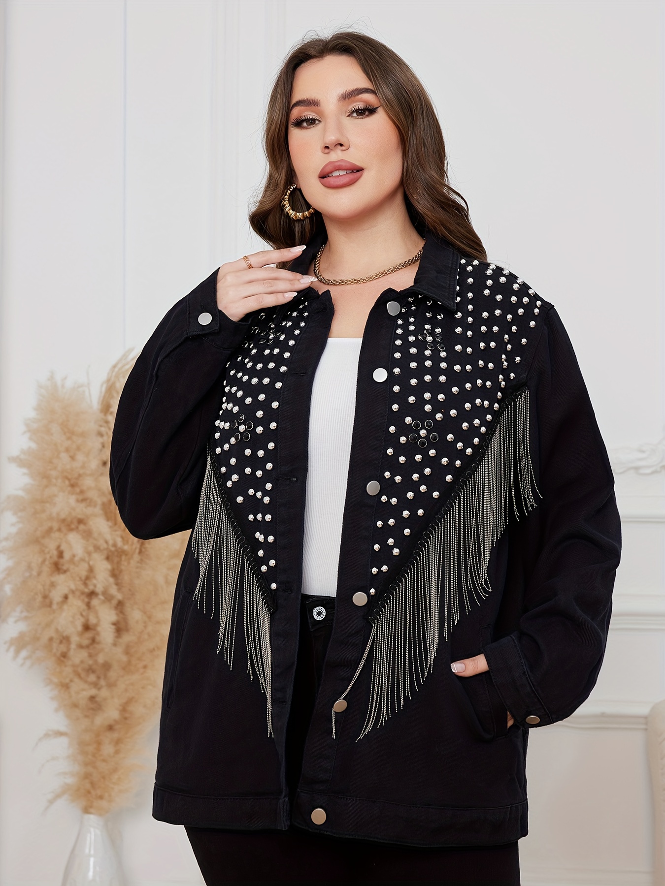 Plus size black 2025 fringe jacket