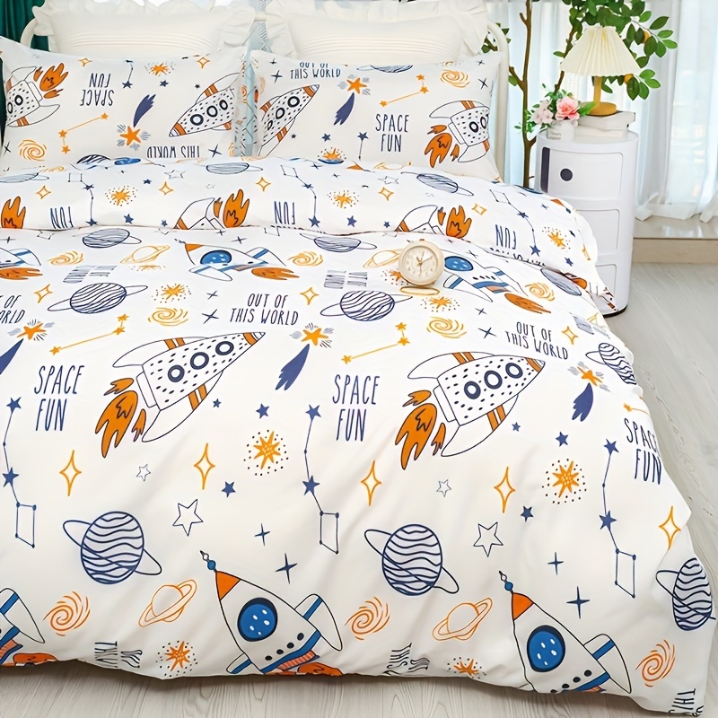3pcs Fashionable Fresh Cute Cartoon Rocket Print Quilt Cover -piece Set