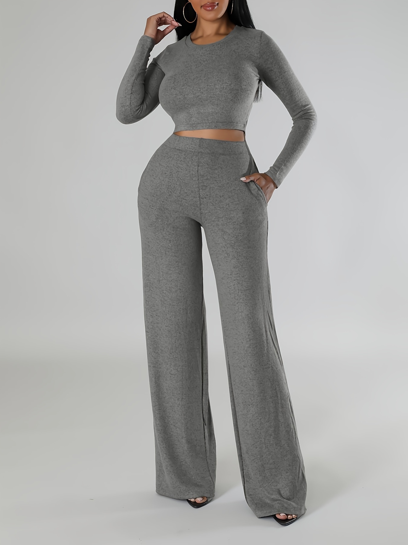 Casual Solid Two piece Set Long Sleeve Top Long Pants - Temu Canada