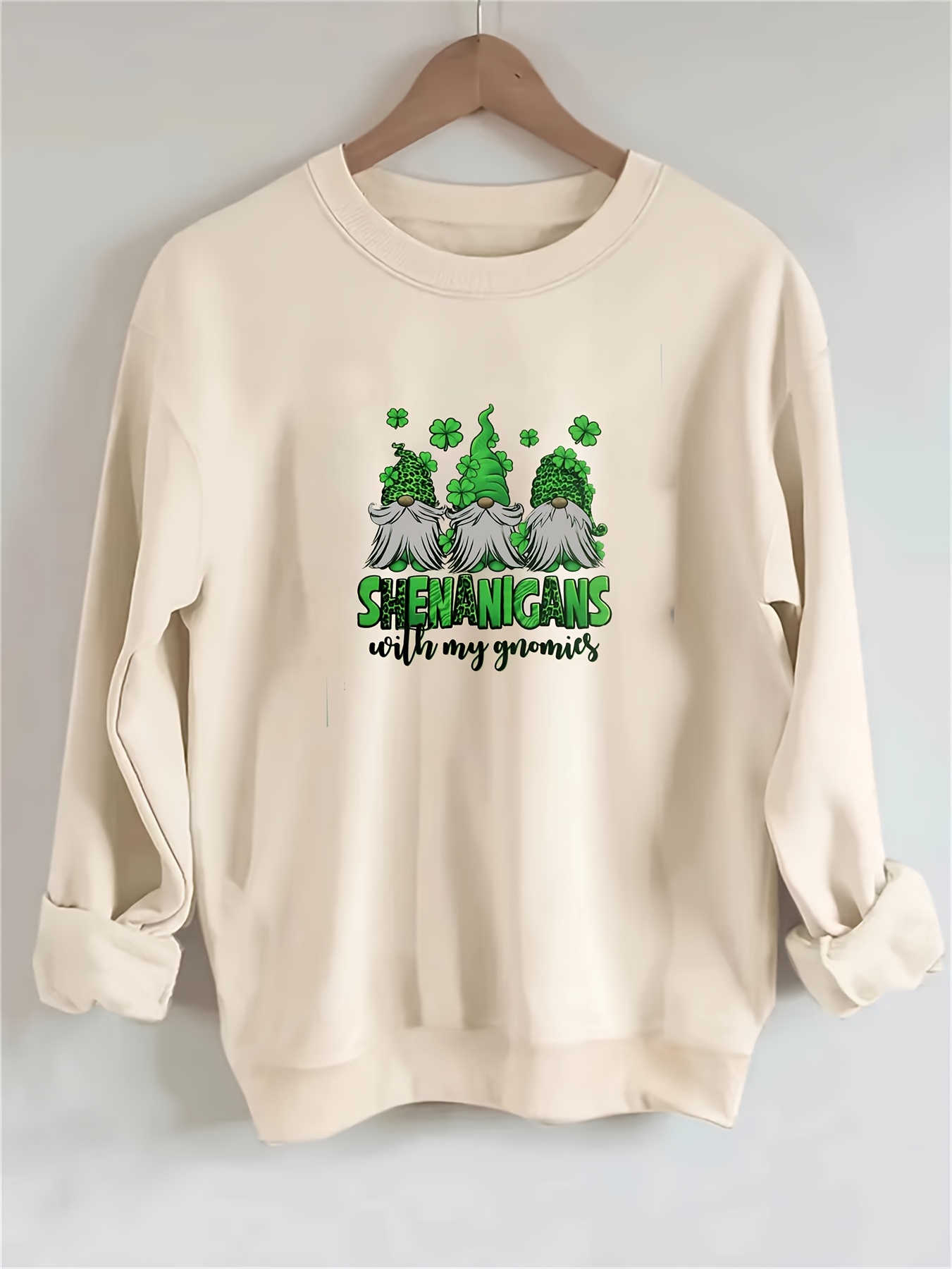 Womens St. Patrick's Day Crew Neck Sweatshirts Gnome Printed Long Sleeve  Pullover Trendy T-Shirt Hoodie Tops 