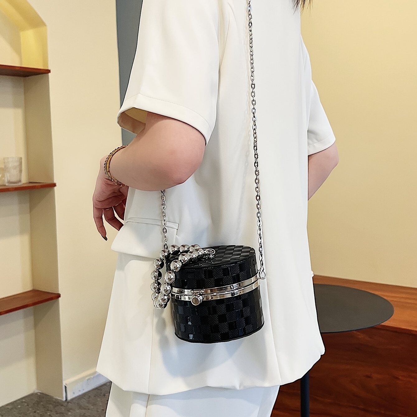 Mini Beaded Handle Box Bag, Trendy Plaid Pattern Cylinder Purse, Women's  Chain Crossbody Bag - Temu