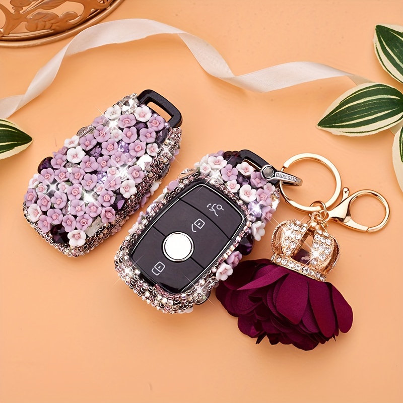 Mercedes Benz Pink Bling Car Key Holder with Rhinestones and flowers