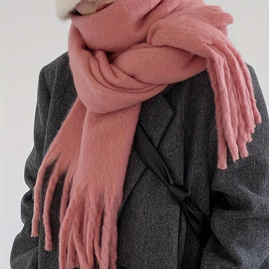 Solid Color Chunky Scarf On Fringe Elegant Coldproof Thick Warm Shawl  Classic Knit Neck Scarves For Women Girls Autumn & Winter