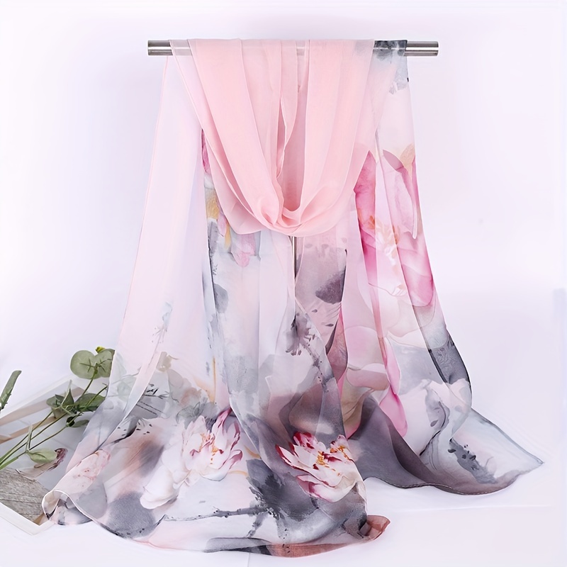 Chiffon Ink Lotus Print Thin Headwrap Large Shawl Summer Beach Towel