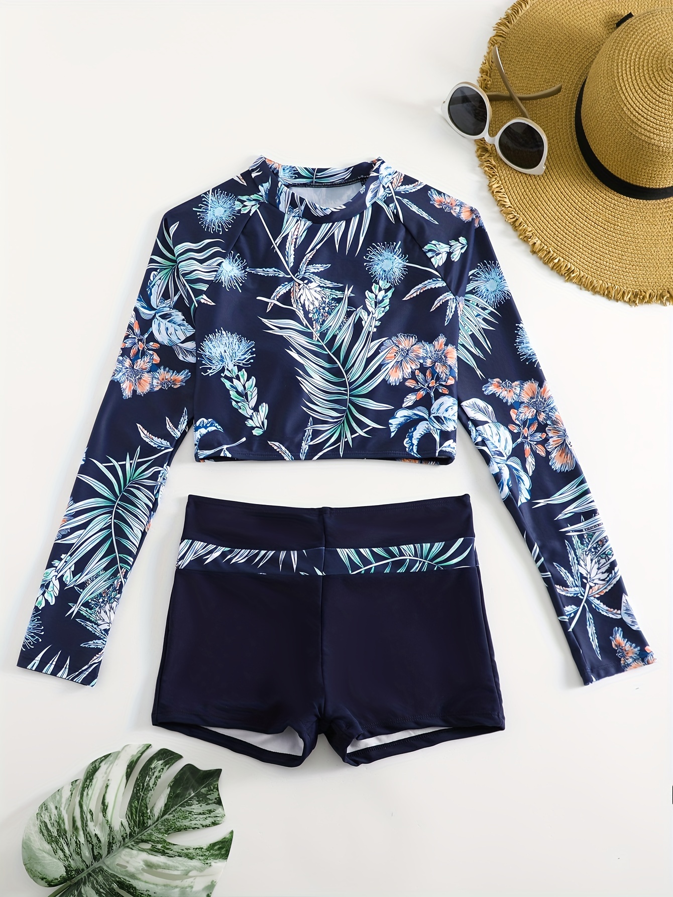 Set: Long-Sleeve Contrast Trim Zip Rashguard + Swim Shorts