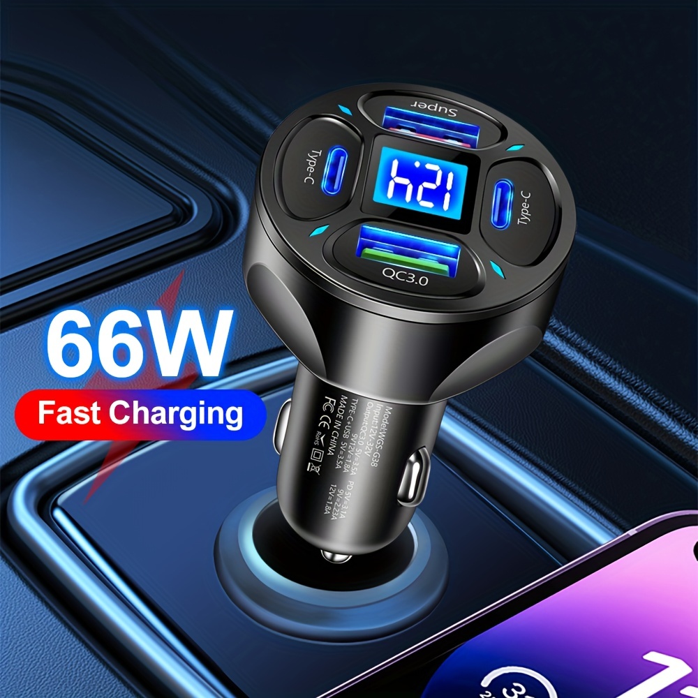 

66w Fast Charging 4 Ports 2usb+2pd Car Mobile Phone Charger With Led Display 4 In 1 Car Charger For Iphone/android