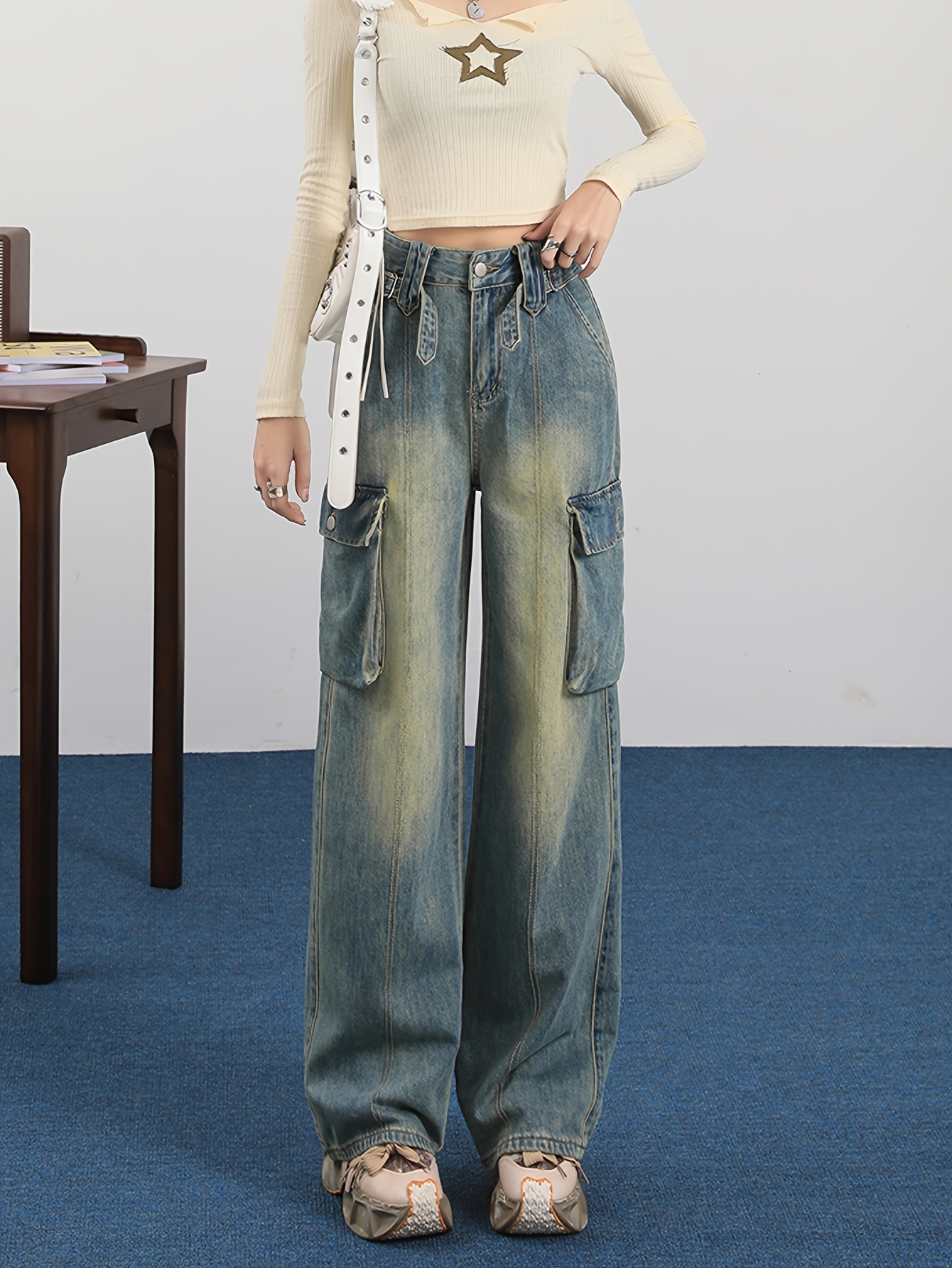 High Waist Washed Cargo Pants, Loose Fit Flap Pockets Y2K Style Straight  Jeans, Women's Denim Jeans & Clothing