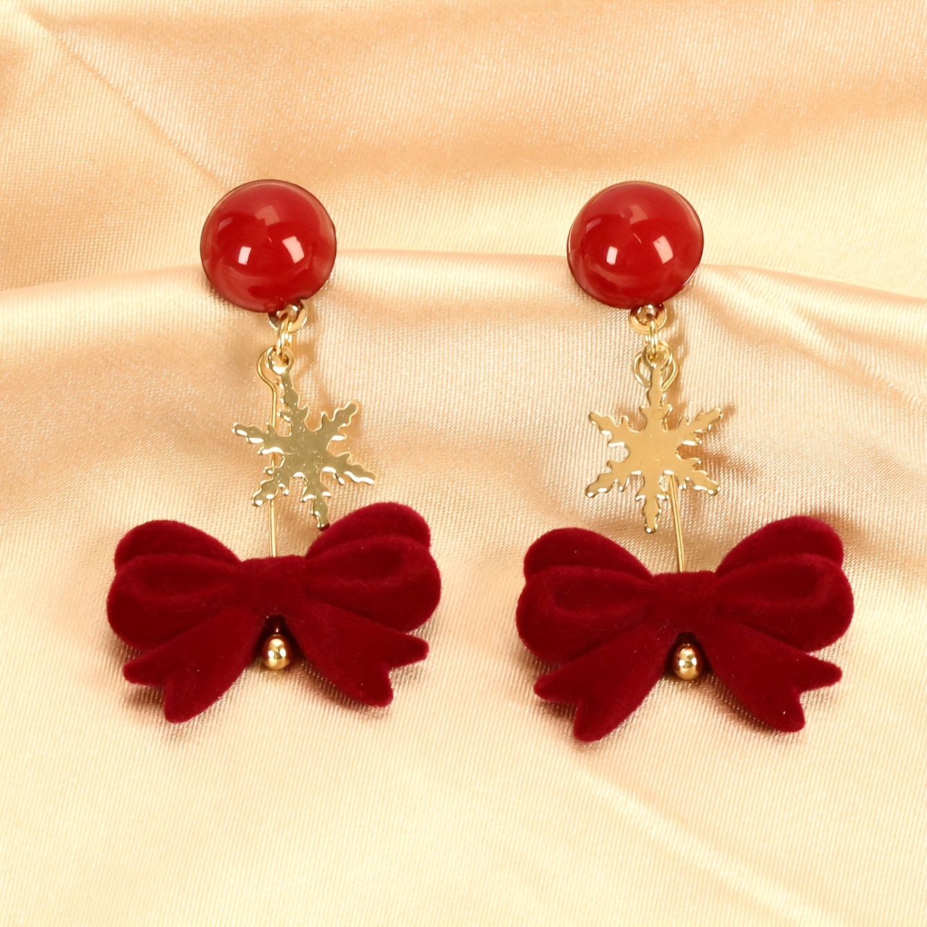 Christmas Red Flocking Bow Faux Pearl Decor Dangle Earrings Retro Elegant Style Zinc Alloy Jewelry, Jewels Delicate Christmas Ear Ornaments, Free