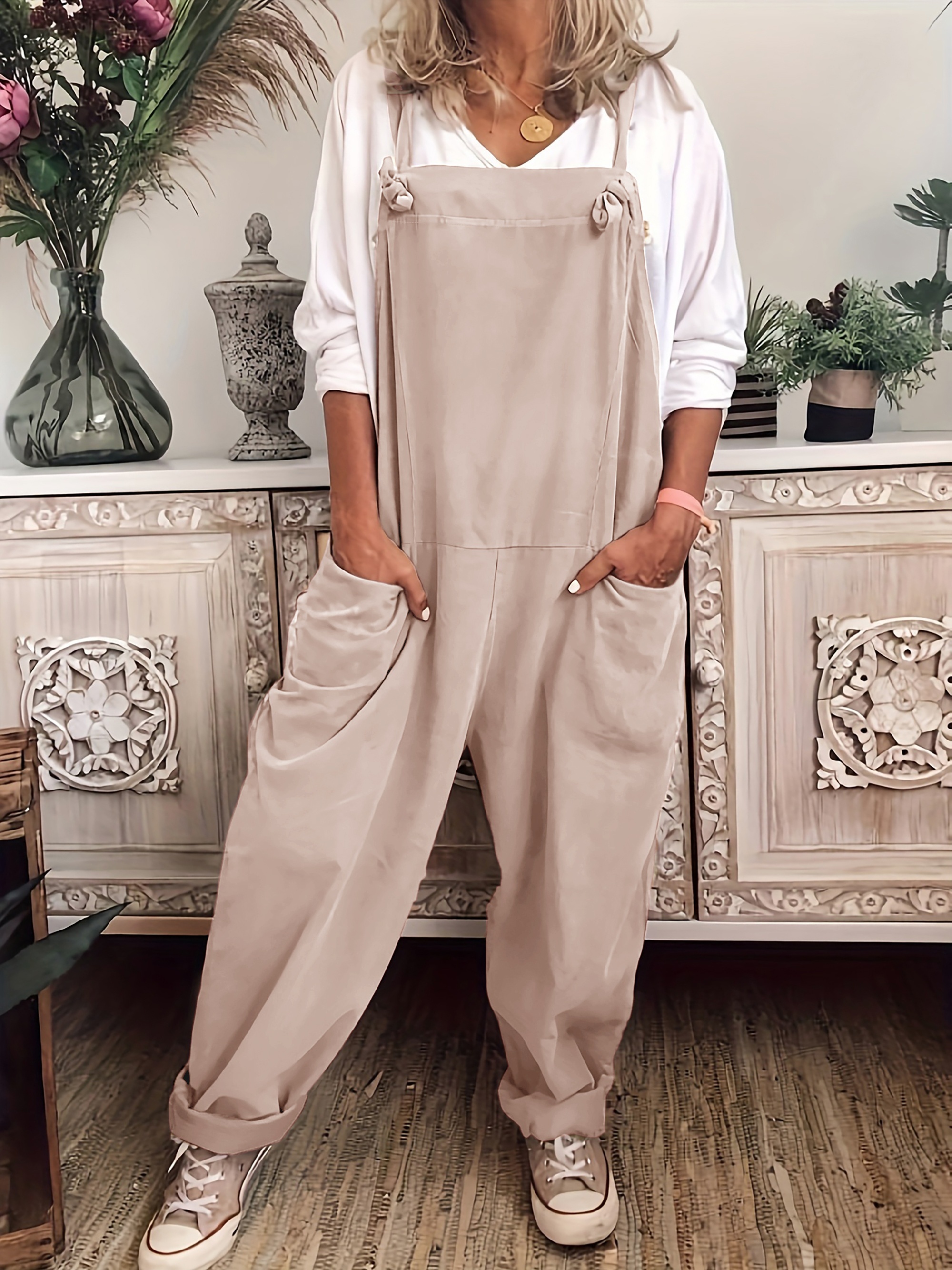 Plus Size Casual Overalls Women's Plus Solid Wide Leg Knot Temu