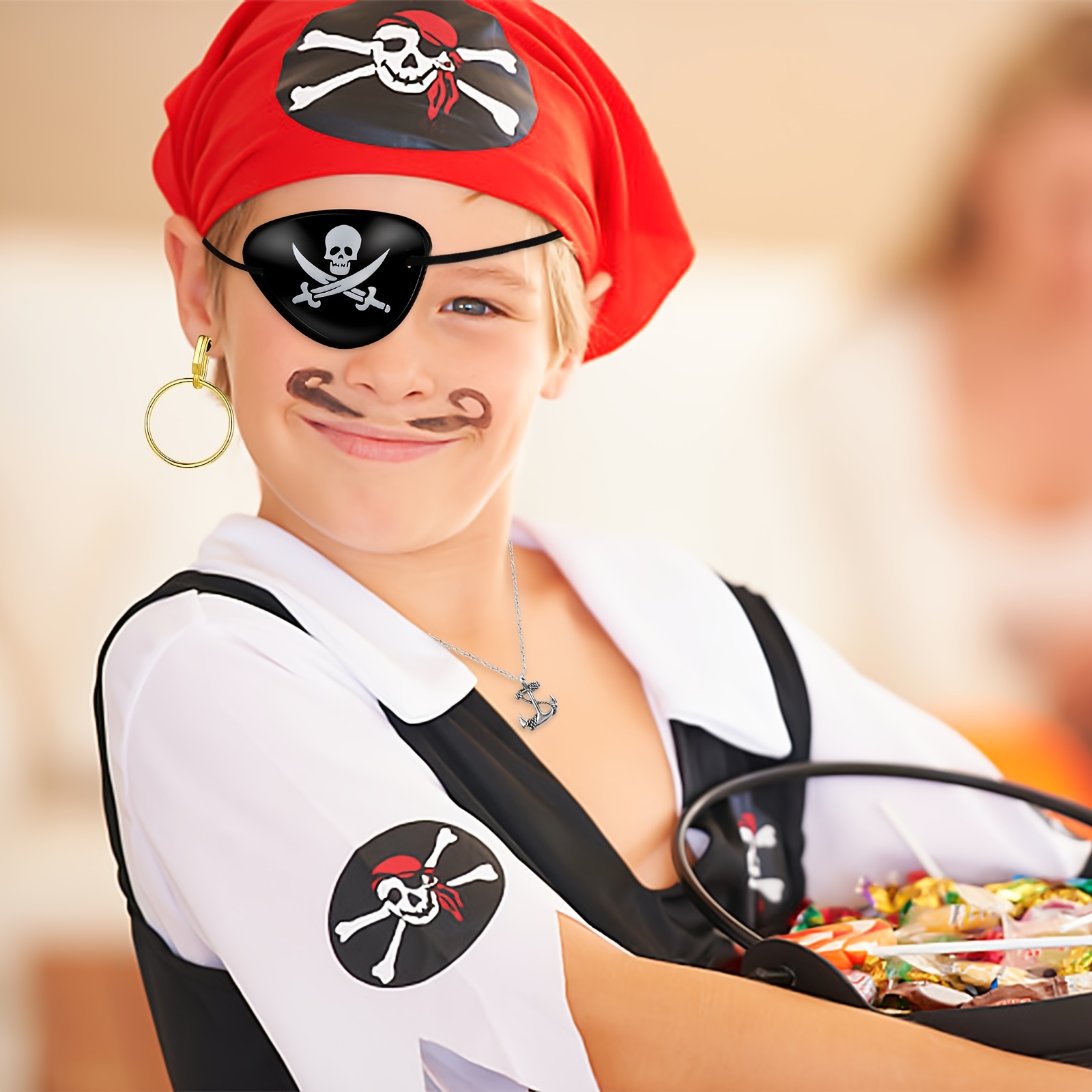 Ginkago 7PCS Mittelalter Piratenkostüm Zubehör Set Damen Herren Piraten  Verkleidung Accessories Kopftuch Augenklappe Ohrringe Halskette Armband  Hüfte