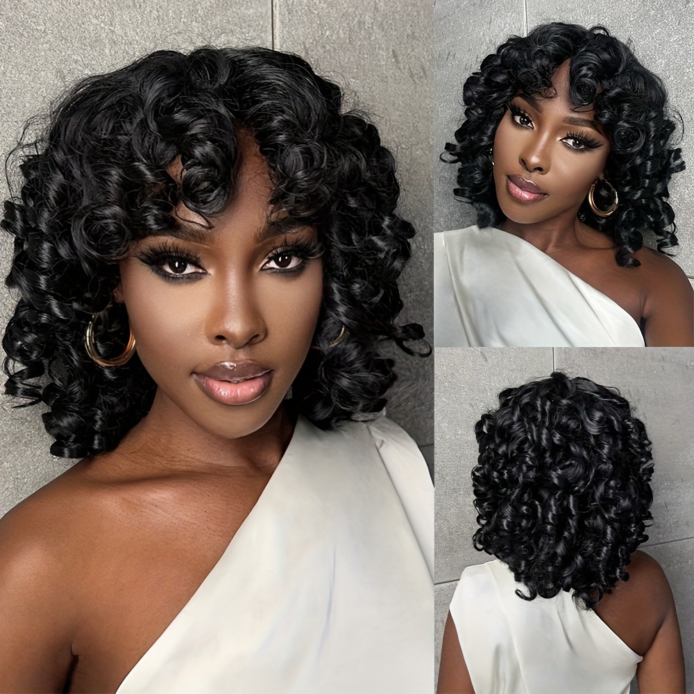 

14 Inch Short Afro Curly Wigs For Women Fluffy Curly Wavy Wigs With Bangs Shoulder Length Afro Kinky Curly Big Bouncy Wigs For Daily Use