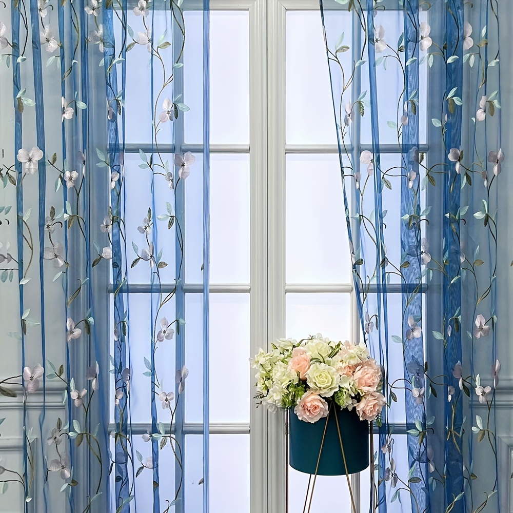 1 Stück Blumen Bestickter Blauer Durchsichtiger Vorhang - Temu Austria