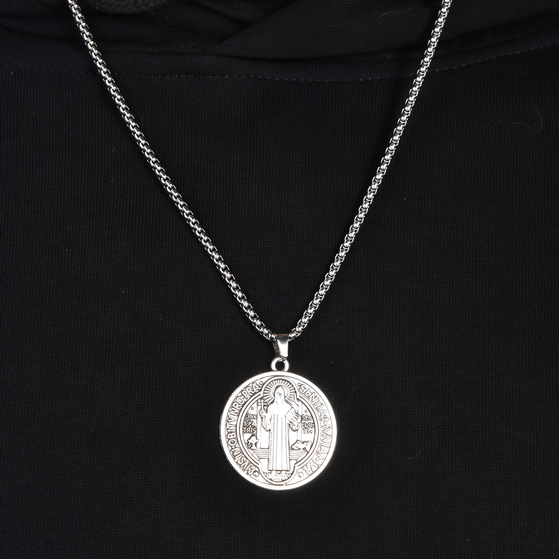 1 Banhado A Prata Masculino Vintage Punk Personalidade Moda Medalha Medalhão Pingente Colar, Corrente De Caixa De Aço Inoxidável, Requintado Masculino Feminino Moda Colar De Graças detalhes 6