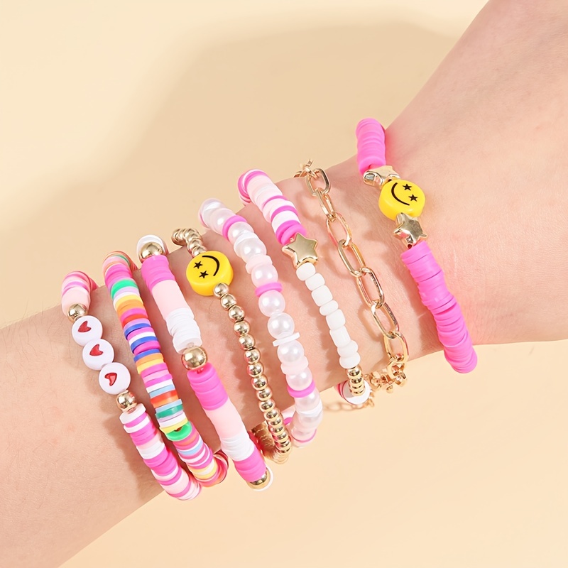 6pcs Handmade BFF Heart Beaded Stretchy Bracelet for Girls Kids Friendship Party Birthday Jewelry, Jewels Gift,Temu