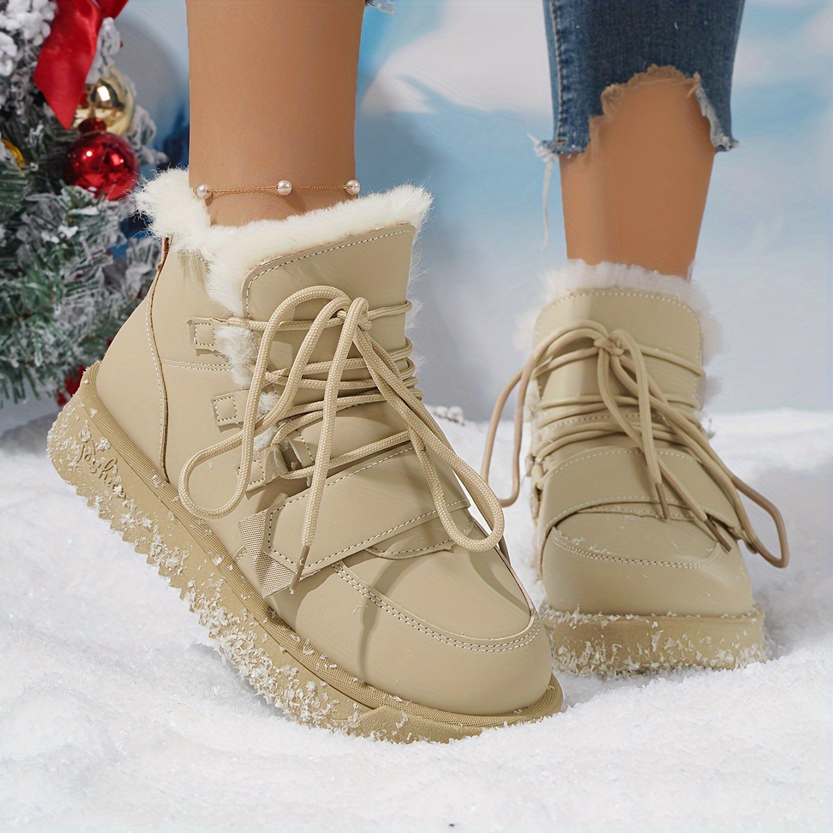 Women's Plush Lined Snow Boots Solid Color Round Toe Lace Up - Temu  Philippines