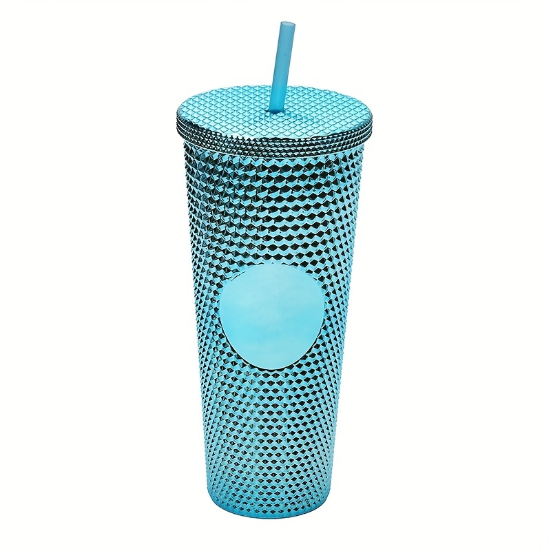 Large plastic cup with lid and straw and red and green circles