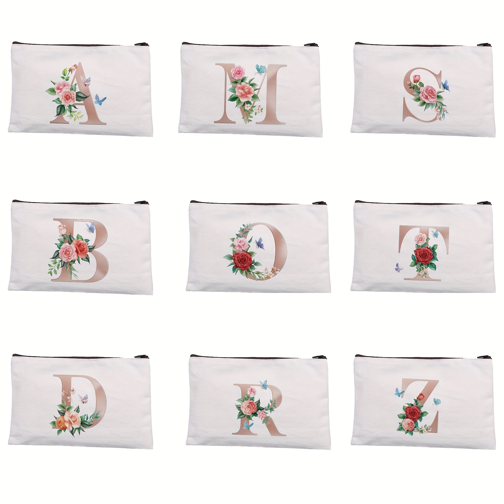 Rose Letter Printed Cosmetic Bag Canvas Makeup Pouch Lightweight
