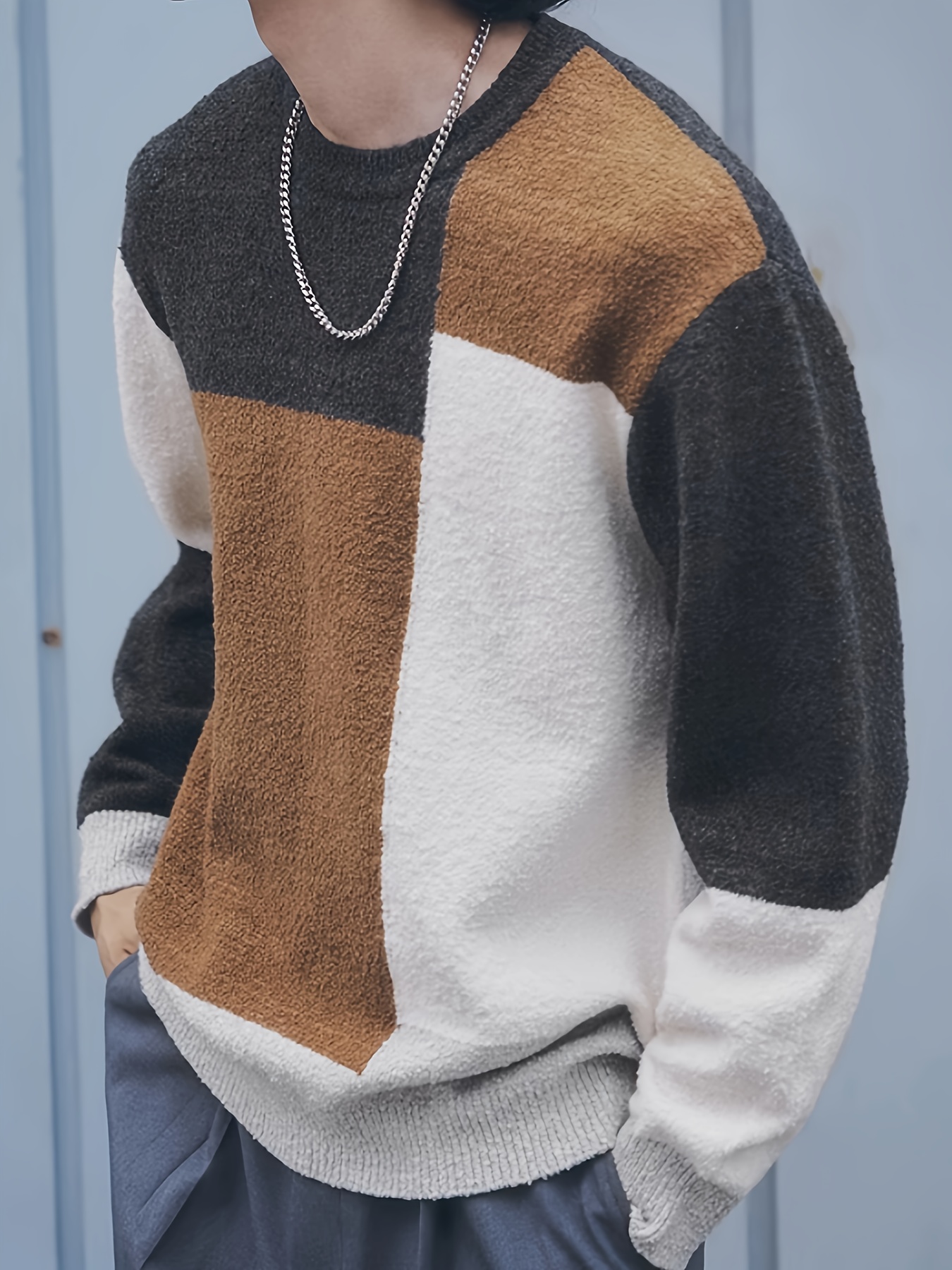 Suéter de bloque de color de punto que combina con todo, casual cálido de  cuello redondo de estiramiento medio para hombres Otoño Invierno