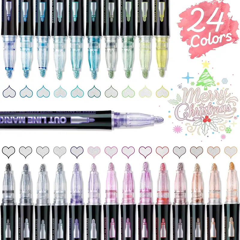 12 Color Outline Metallic Markers Double Line Pens for Art