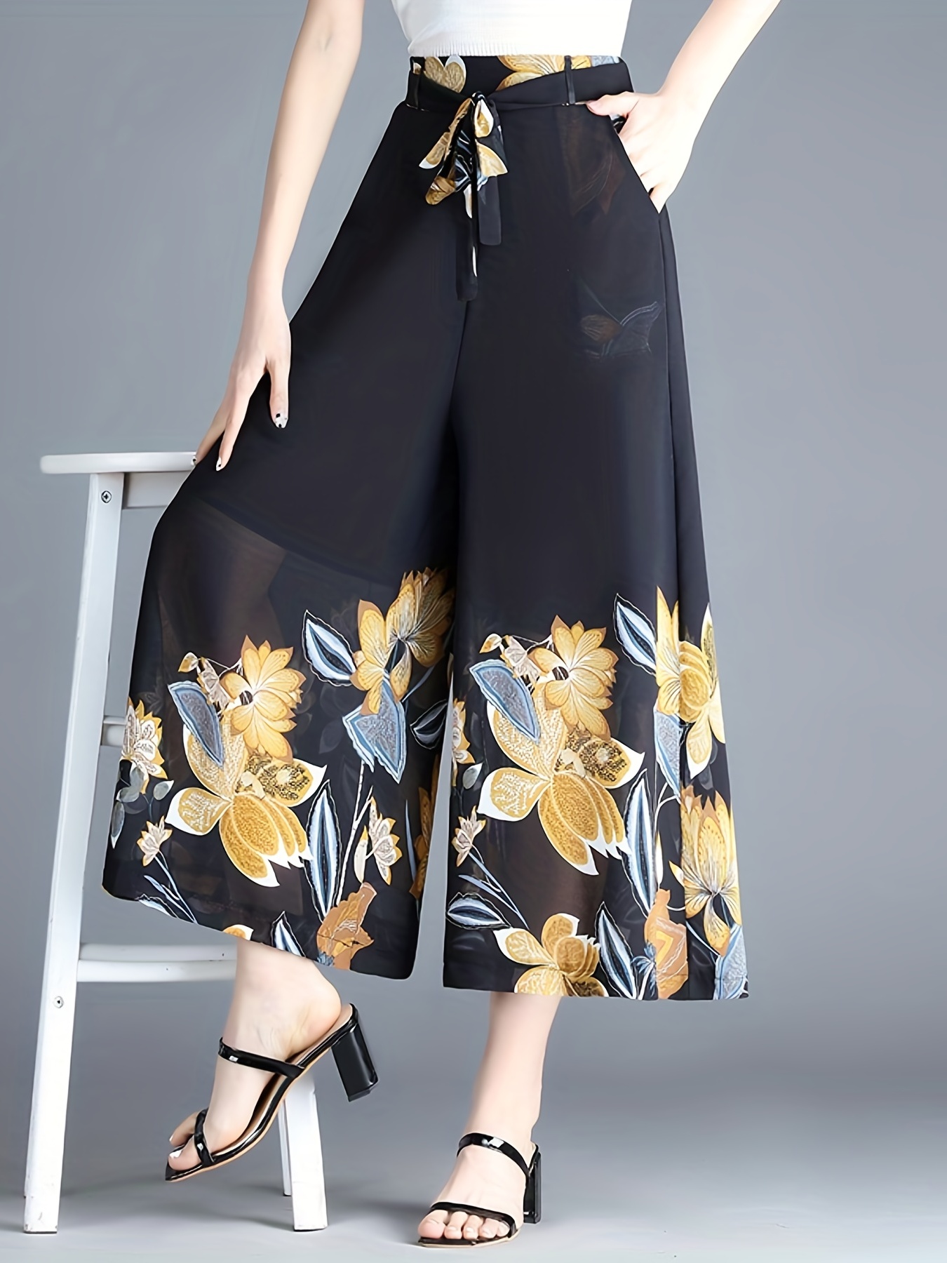 Women Floral Print Pants Loose Palazzo Trousers Wide Leg Chiffon High Waist