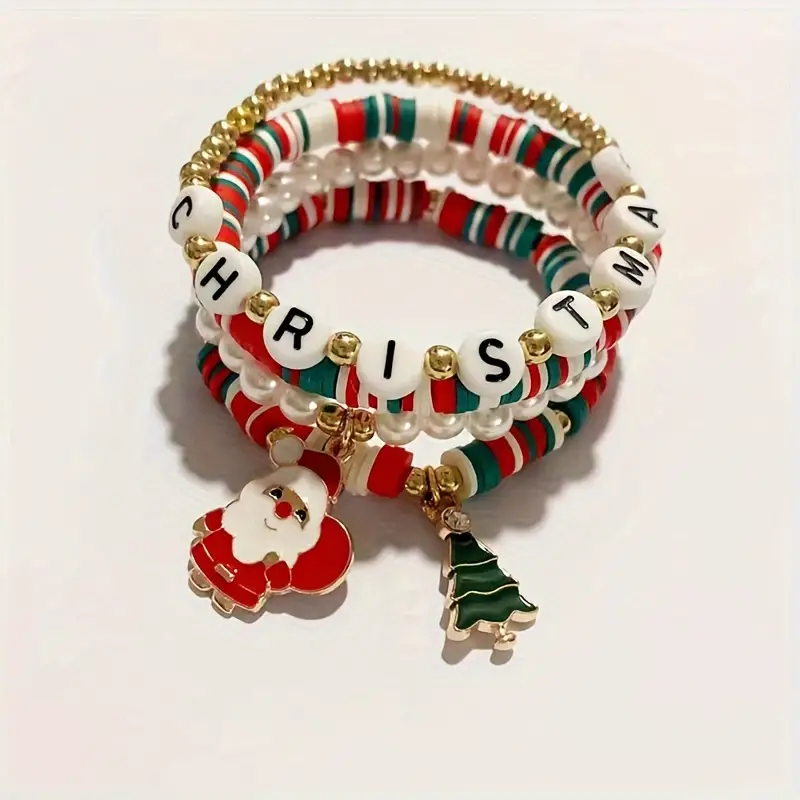 4 Pcs Christmas Bracelets Set Bulk Women's Clay Stretch Bracelet for Women Gift Holidays Christmas Supplies,Temu