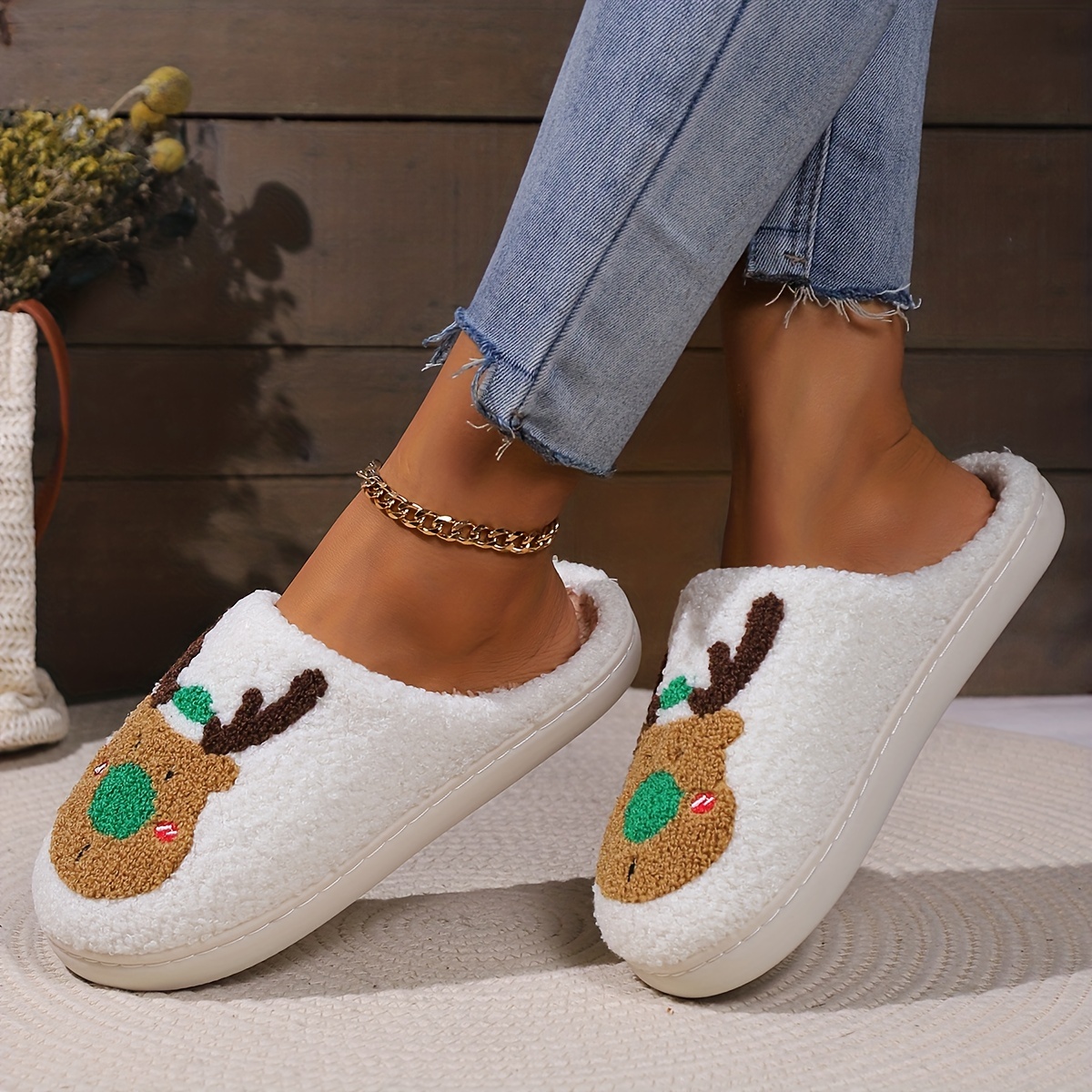 reindeer pattern home slippers soft plush cozy house slippers anti skid slip on shoes indoor for men winter shoes 5